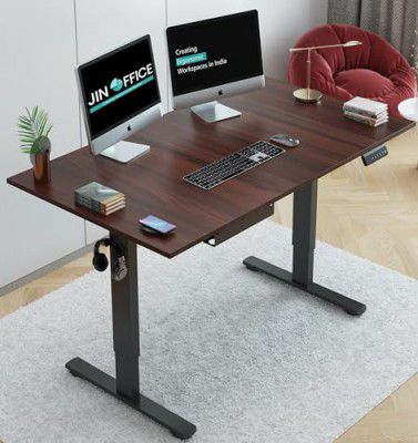 [Extra Rs 1609 Off] JIN OFFICE Electric Height Adjustable Desk| 80 Kg Wt. Capacity, 2 Year Warranty (Brown Top 1200 by 750 mm/ 25mm Thickness)