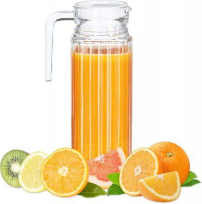 JINELZA 1100ml Glass Lining Water Jug with Plastic Lid & Handle Transparent Beverage Carafe