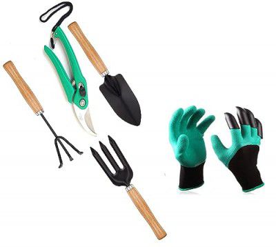 JINPRI Garden Tool Set Combo with Flower Cutter Heavy Gardening Cut Tool with Garden Tool Set(Wooden Handle and Black Metal) (Set of 3 with Cutter & Gloves)