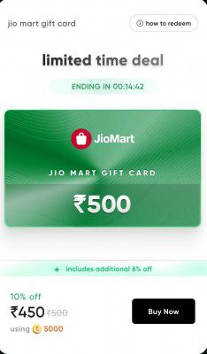 Cred Loot: Jiomart Gift Voucher at 10% Discount