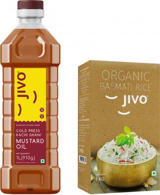 JIVO Mustard Kachi Ghani 1 Litre (Pet Bottle) + Organic Long Grain Basmati Rice 1 KG Mustard Oil PET Bottle (2 x 0.5 L)