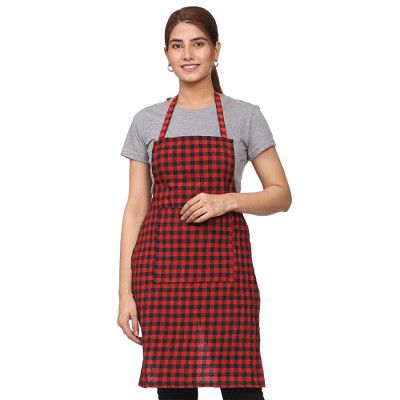 JMI Checkered Design Plain Apron With Front Large Pocket For Kitchen (Pack of 1)