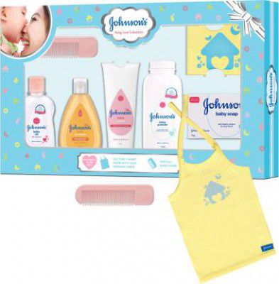 JOHNSONS Baby Care Collection Gift Set with Organic Cotton T-Shirt (7 Pieces) 