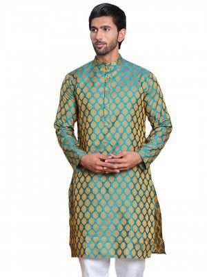 Jompers Men Green Jacquard Woven Design Kurtas.