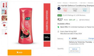 Joy Hairfall Defence Conditioning Shampoo Promotes Hair Growth  (340 ml)