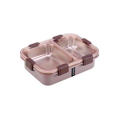 Joyo Stainless Steel Fresh Lock (Small) No. 2 Lunch Box for Kids Adults, 2 Compartments with Locking Lid, Spill Leak Proof - Brown