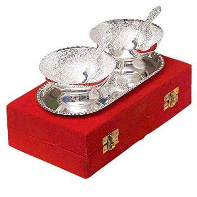 JR Gifts And Handicrafts Brass Silver Plated Floral Bowls , Spoon With Plate In Royal Velvet Gift Box ( Silver ) - 5 Pieces, 250 milliliter