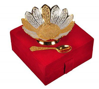 JR Handicrafts World Silver and Gold Plated Brass Bowl with Spoon 