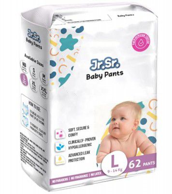 Jr. Sr. Baby Diaper Pants with Advanced Leak Protection | Soft & Comfortable | Large | 9-14 Kg | 62 Counts