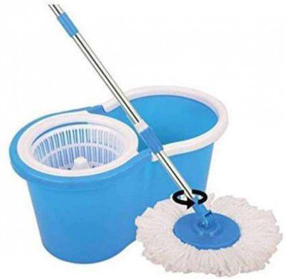 JSN 360° Spin Floor Cleaning Bucket PVC Mop with 1 Microfiber Refill Mop Set (Blue, White)