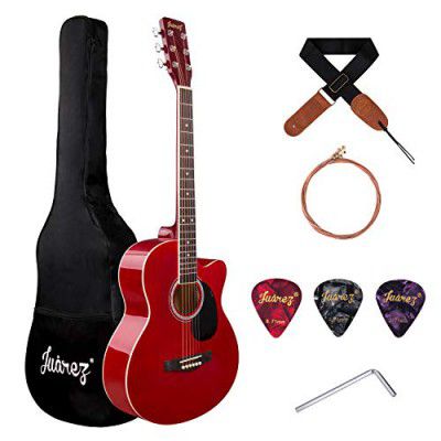 JUAREZ Arpeggio 39 Inch Acoustic Guitar Kit, Spruce Top, Rosewood Fretboard & Bridge, Truss Rod, Chrome Die Cast Machine Tuners, Red