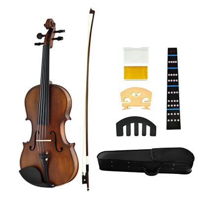 JUAREZ Collé Violin Kit, SOLID Pine Top, Maple Back & Side, Ebony Fingerboard & Pegs, JRV500DB with Ebony Wood Bow, Rosin, Full Tone Sticker, Mute, Bridge, Oblong Case, Full Size 4/4, Matt Dark Brown