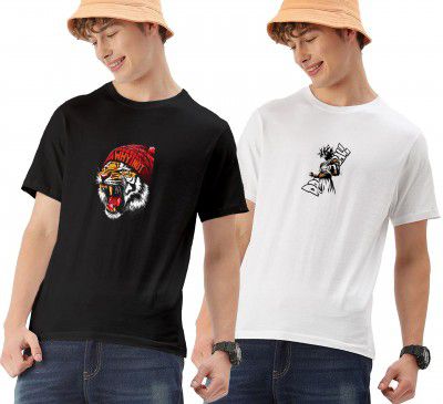 JUARI BE A GENTLEMAN Cotton Graphic T-Shirt, Half Sleeve, Black and White, Pack of 2