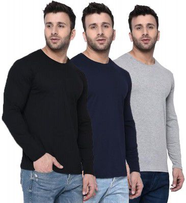 JUARI BE A GENTLEMAN Men's Full Sleeve Round Neck Cotton T-Shirts, Pack of 3 (Black, Navy, Grey)