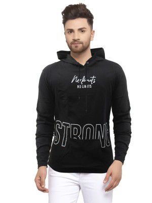 Jump Cuts Mens Printed Hooded Neck Fullsleeve Black Cotton Tshirt