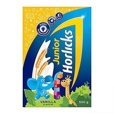 Junior Horlicks, Health & Nutrition Drink for Toddlers & Young Kids, For Brain Development, Weight Gain and Immunity, Vanilla Flavour, Refill, 500 g