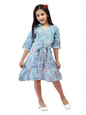 Juniper Ikat Blue Midi: Stylish Cotton Flex Shirt Dress for Girls