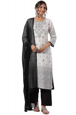 Juniper White Rayon Staple Printed Kurta, Pants & Dupatta Set
