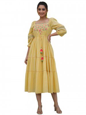 Juniper Women's Yellow Cotton Dobby Embroidered Flared Dress