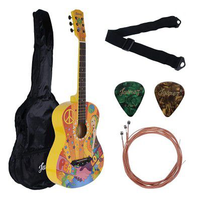 Juârez Acoustic Guitar, 38 Inch Cutaway, JRZ38CT, Hippie Funky Design, with Bag, Picks, Strap & Extra String set