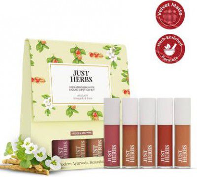 Just Herbs Enriched Liquid Lipstick Kit Set Of 5 Nudes  (Brown, 5 ml)