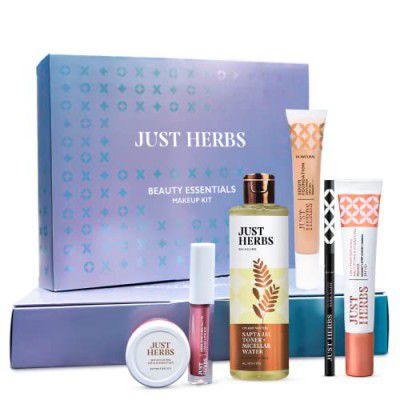 Just Herbs Makeup Kit for Women with Kohl Kajal, 3 in-1 Primer, Liquid Lipstick, Serum Foundation, Saptajal Toner and Lip & Cheeck Tint
