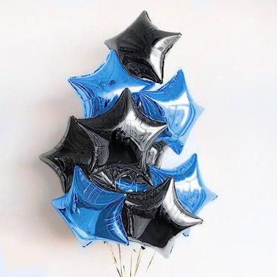 Just Party 5 Pcs Blue & Black 18 Inch Star Shape Foil Balloons with Shiny Surface For Birthdays/Anniversary/Engagement/Baby Shower/bachelorette Party Decorations (Satin Roll & Straw Included)