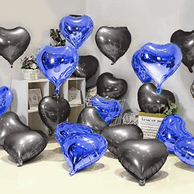 Just Party 5 Pcs Blue & Black 18 Inch Heart Shape Foil Balloons with Shiny Surface For Birthdays/Anniversary Party Decorations (Satin Roll & Straw Included)