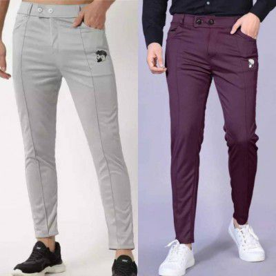 K.K Garment Pack of 2 Men Regular Fit Grey, Purple Lycra Blend Trousers