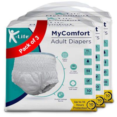 K-life Premium Anti-Bacterial 4layer Absorption Unisex Pant Style Adult Diapers | Pack of 3 | 30 Count | Extra Large (Waist Size 38-65 inch |96-165 cm)