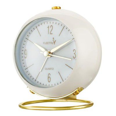 kadio Metal Silent Table Analog Alarm Clock No Ticking, Lighted On Demand and Battery Operated, Beep Sounds, Small Desk Clock(White), 8.5 Centimeters