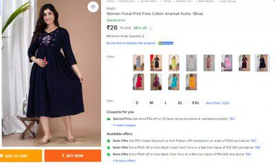 Kadri Women Floral Print Pure Cotton Anarkali Kurta  (Blue)