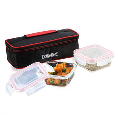 Kaiserhoff 2 Pcs Square Glass Lunch Box Set with Lunch Bag, 320 ml, Clear