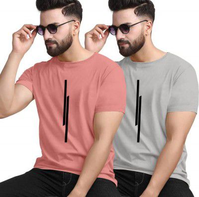 KAJARU Pack of 2 Men Striped Round Neck Pink, Grey T-Shirt