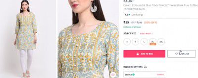 KALINI Cream-Coloured & Blue Floral Printed Thread Work Pure Cotton Thread Work Kurti