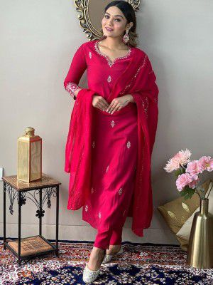 KALINI Ethnic Motifs Embroidered Thread Work Detail Straight Kurta & Trousers With Dupatta