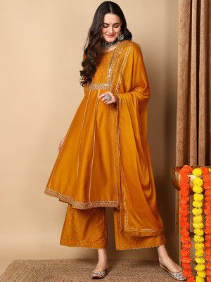 KALINI Floral Embroidered Empire Mirror Work Anarkali Kurta With Palazzos & Dupatta