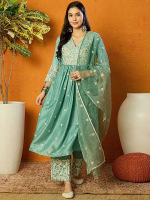 KALINI Floral Embroidered Pleated Thread Work Kurta with Palazzos & Dupatta