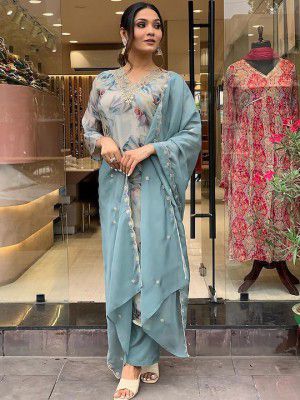 KALINIFloral Printed Sequinned Detailed Organza Straight Kurta & Trouser With Dupatta