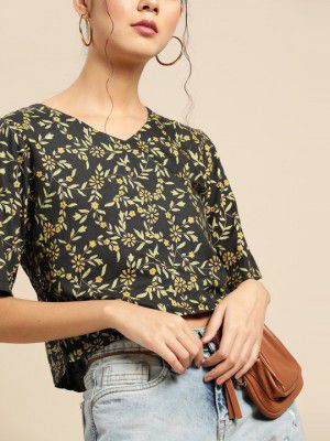 KALINI Floral Printed V-Neck Crop Top
