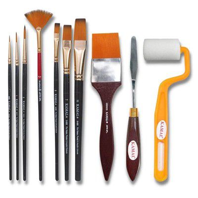 KAMAL Artist Painting Brush Kit - Essential Full Toolkit Paint Brushes Set - Paint Brushes Roller and Knife for Acrylic Paints, Oil, Modern Art Painting etc (Set of 10)