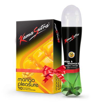 KamaSutra Mango Flavoured Condoms for men Count 10 with Aloe Vera Water Lube Personal Lubricant 50ml