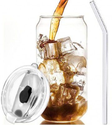 KAMVY Drinking Glasses with Lids and Glass Straw 1pcs Set - 540ml Can Shaped Glass Cups, Beer Glasses, Iced Coffee Glasses, Cute Tumbler Cup, Ideal for Cocktail, Whiskey, Gift, Tea (Beer Can With Lid