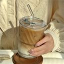 Kamvy Glass Water Tumbler with Straw and Lid Sealed Carry On Thick Wall Iced Coffee Cup Glass Cup for Water, Iced Tea Fruit Juice Set of 1, 400ml (Clear)...