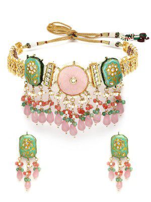 Karatcart Gold Plated Pink Carved Stone Polki Kundan Choker Necklace for Women