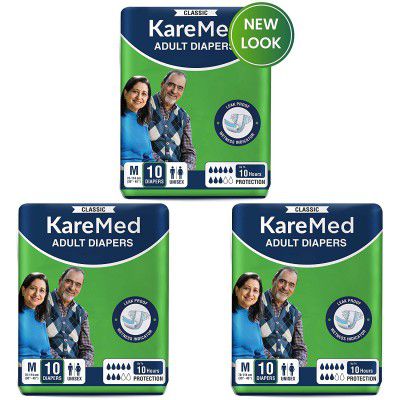 Kare Med Classic Adult Diapers, Medium, Waist Size 76-114 Cm (30"-45") Pack of 3, 30 Count