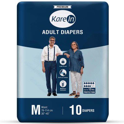 KareIn Premium Adult Diapers, Medium, Waist Size 76-114 Cm (30-45), Tape Style, Unisex, High Absorbency, Leak Proof, Wetness Indicator, 10 Count