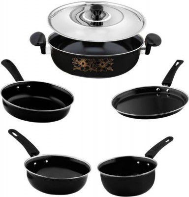 Kashvi Premium 5Pcs Kitchen Cookware Combo for Home, Restaurant, Dhaba Induction Bottom Non-Stick Coated Cookware Set  (Cast Iron, 5 - Piece)