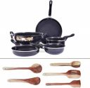 Kashvi Prestige 5 Utensils with 5 Wooden Spatula Induction Bottom Non-Stick Coated Cookware Set  (Cast Iron, 10 - Piece)...