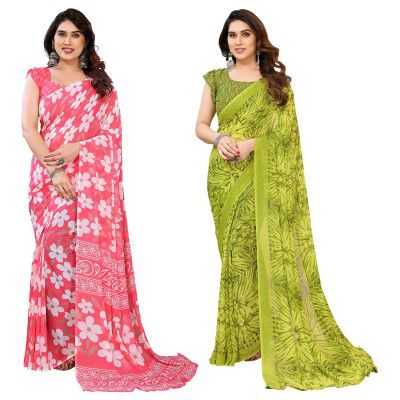 KASHVI SAREES Women's Printed Georgette Saree With Unstitched Blouse Piece (Pack Of 2)